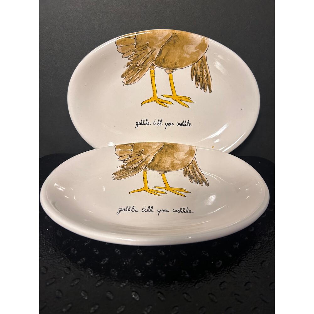 Rae Dunn by Magenta "Gobble Till You Wobble" Thanksgiving oval snack plates - 2